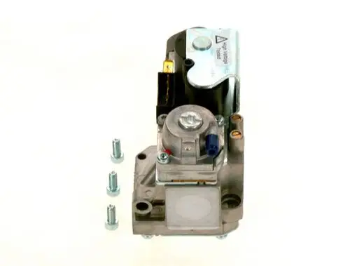 Bosch Gasarmatur aus Metall mit mehreren Anschlüssen und Schrauben zur Befestigung, geeignet für den Einsatz in Heiz- oder Brennssystemen.